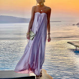 Elegant Off Shoulder Party Long Dress Fashion Women Satin Swing Loose Dress Chic Boho Sleeveless Chest Wrap Beach Dresses