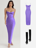Bodycon Satin Maxi Dress Sexy Long Prom Evening Party Dresses With Glove Purple V Neck Spaghetti Strap Dresses For Women