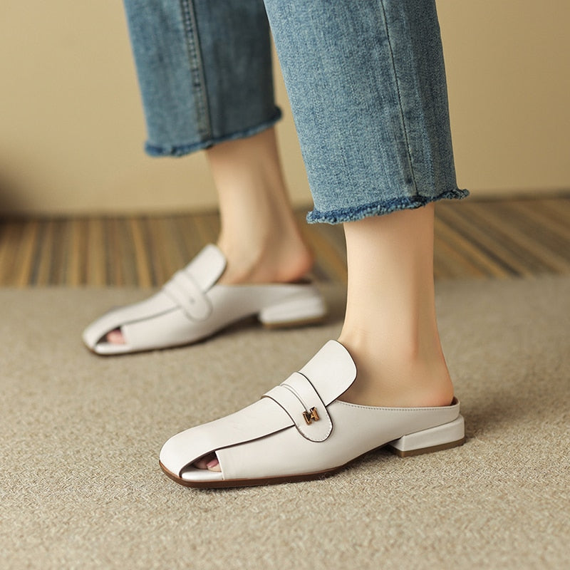 New Casual Mules Women Sandals Concise Genuine Leather Fashion Low Heels Slippers Shoes Woman Office Ladies Spring Summer