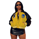 Pu Leather Letter Print Baseball Jacket Women Long Sleeve Patchwork Button Warm Coat Outfit Autumn Y2k Streetwear Racing Jackets