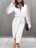 Romildi summer Fashion White Lace Dress Sets for Women Casual Office Ladies Midi Outfits Spring Long Sleeve Woman Sexy Split Suits