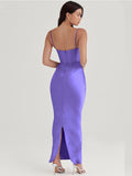 Bodycon Satin Maxi Dress Sexy Long Prom Evening Party Dresses With Glove Purple V Neck Spaghetti Strap Dresses For Women