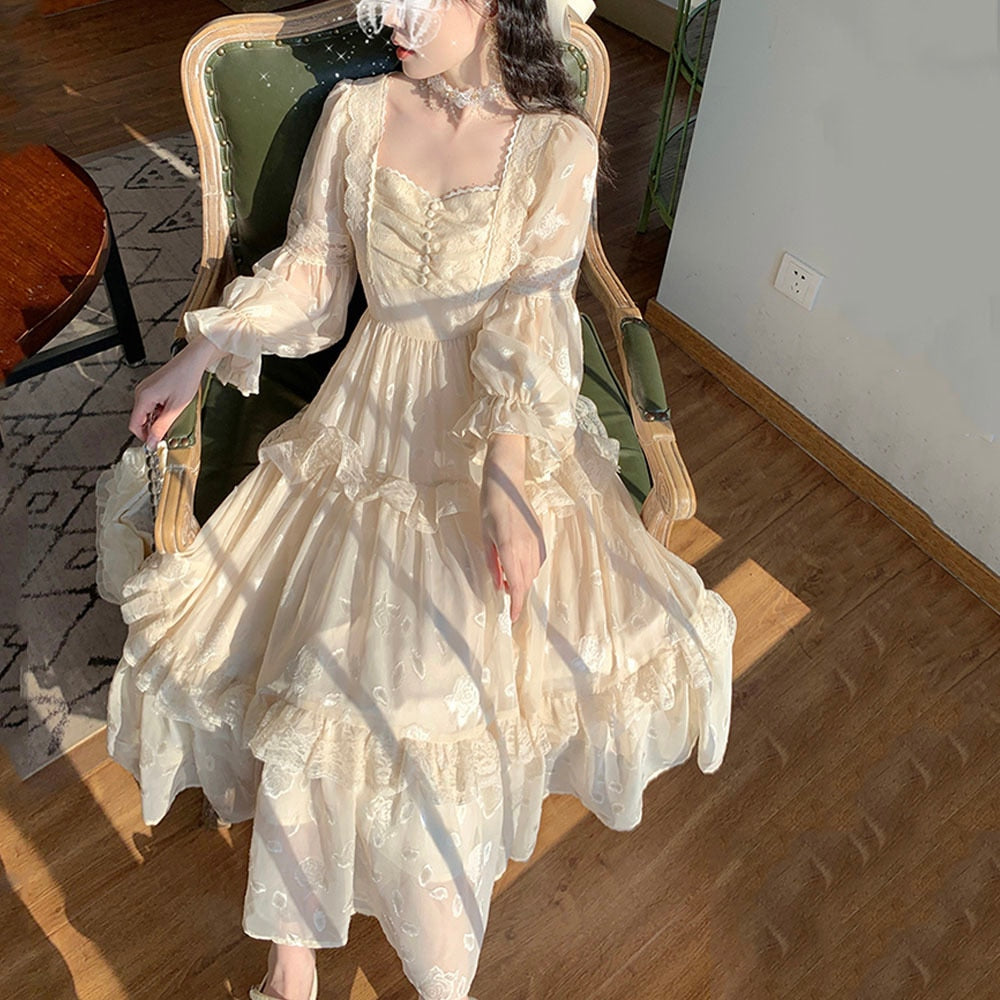 Romildi Summertime Outfits Medieval Romantic French Court Style Dress Womens Spring Flare Sleeve High Waist Elegant Female Dress  Vintage Long Dresses