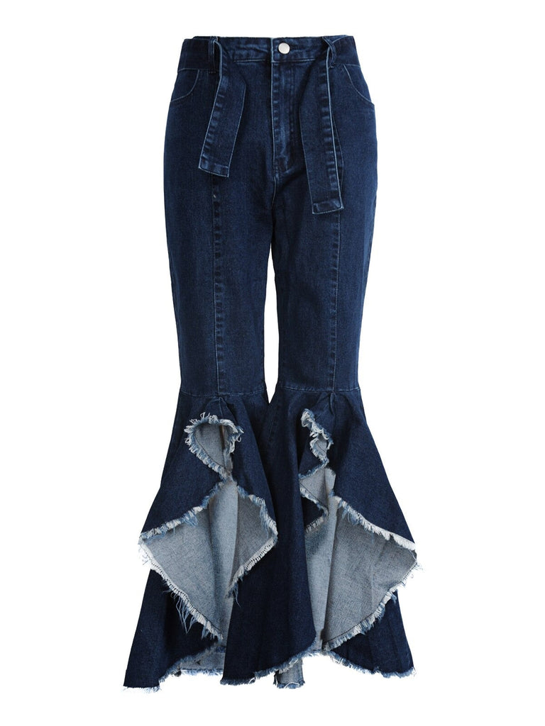 Romildi New Fashion Vintage Denim Flared Pants High Waist Women Hollow Out Hem Streetwear Party Clothes