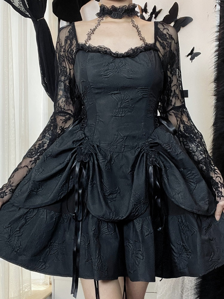 New Gothic Lace Up Black Summer Dress Women Streetwear Long Sleeve See Through Halter Dress Elegant Party Sexy Mini Dresses