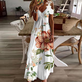 Romildi Summer Boho Long Dresses Women Sexy V Neck Hollow Out Short Sleeve Maxi Dresses Female Casual Floral Print Beach Dress Robe