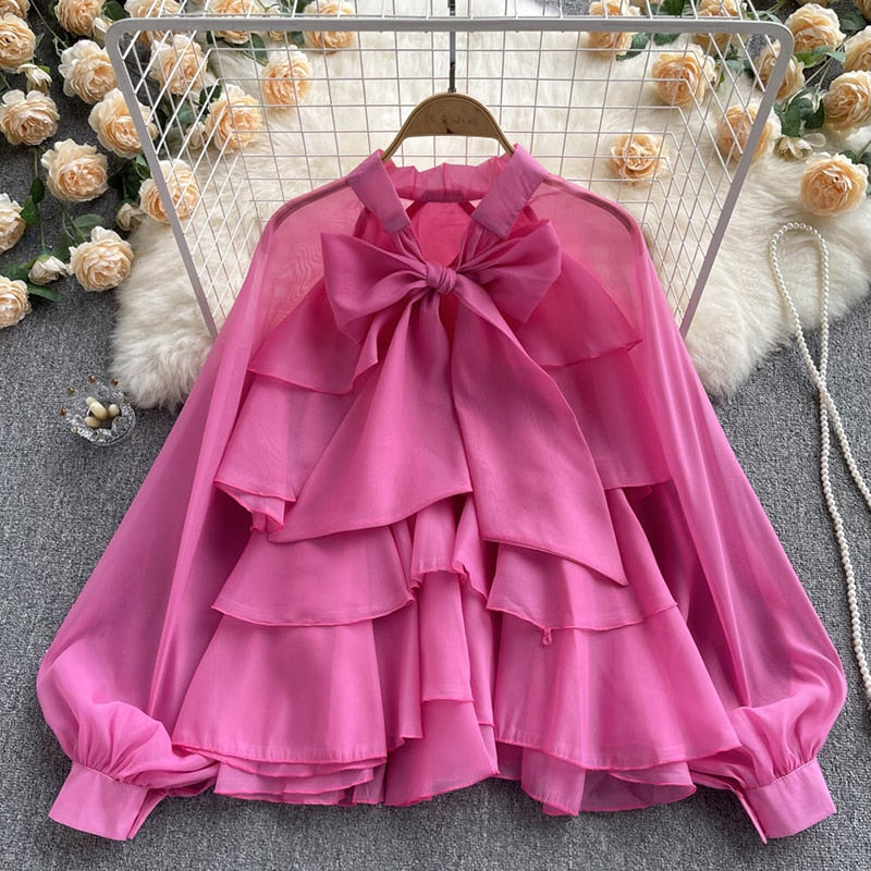 Romildi  spring fashion French Spring Summer New Style Ruffles Edge Gentle Sweet Style Long-sleeved Chic Fairy Blouse Top Women Blusas Mujer