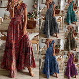 Fashion V-neck Short Sleeve Floral Print Maxi Dress Women  Summer Boho Casual Loose Beach Long Dresses For Women Robe Femme