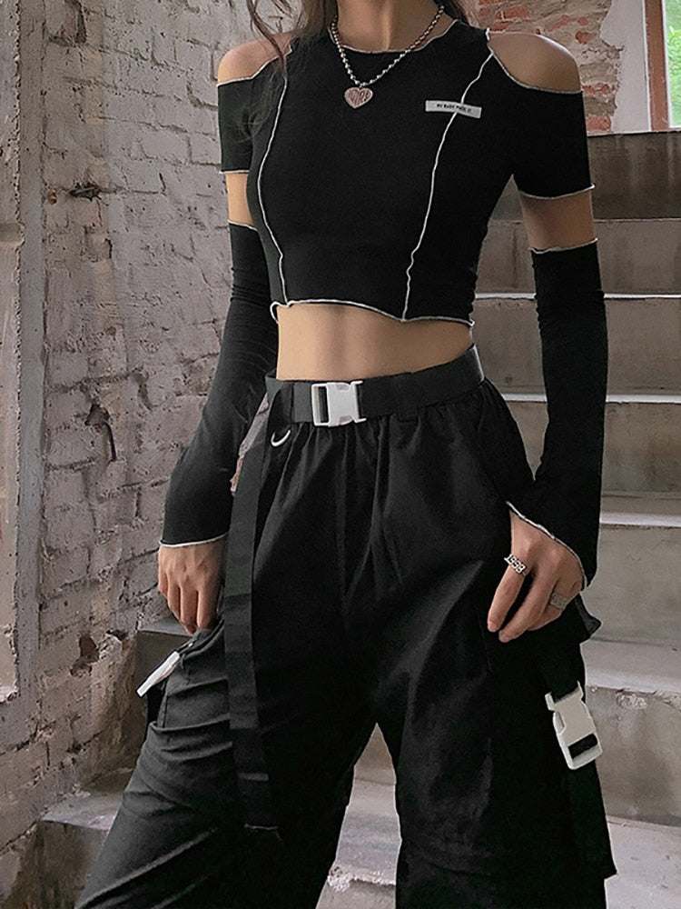 Romildi E-girl Style Patchwork Black T-shirts Gothic Open Shoulder Sleeve Y2k Crop Tops Ruffles Hem Hip Hop Techwear Women Tee