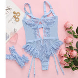 Embroidery Floral Backless Sexy Mesh Sheer See Through One-piece Rompers Women Sexy Lingerie Slim Bodysuit Babydoll