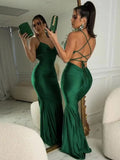 New Lace Up Women Solid Satin Maxi Dress Backless Bodycon Sexy Streetwear Party Elegant Festival Evening Summer Long Dress
