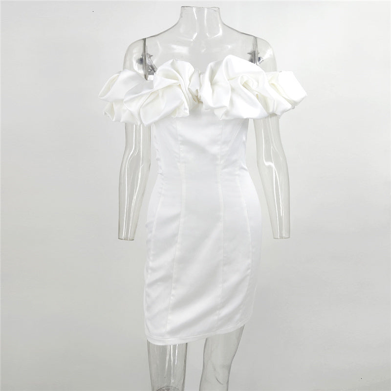 Romildi White Elegant Vintage Party Dress Women Autumn Ruffle Puff Sleeve Bodycon Dress Slash Neck Slim Dress Vestido