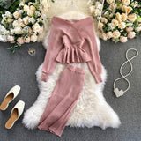 Women Korean New Style Cross V-neck Puff Sleeve Short Waist Top + Elastic High Waist Pleated Skirt Knitting Two Piece