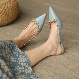 5cm New Fashion Sandals Leather Pointed Toe with Rivet Low Heels Ankle Wrap Wedding Women Shoes 38 39