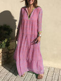 Fashion V Neck Boho Long Dress Women Vintage Printed Loose Party Dresses Summer Casual Long Sleeve Beach Dress Vestidos