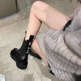 Badge Buckle Leather Boots Women Slip on Chelsea Boots Platform Shoes Fashion Chunky Ankle Boots for Women Shoes Black