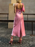Romildi Pink Camis Long Dresses Women Satin Cut Out Sleeveless Slip Dress Female Backless Sexy Party Dresses Summer Slit Midi Dress