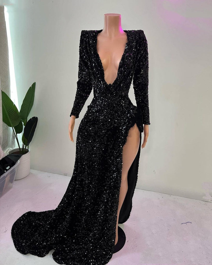 Romildi Sexy Black Sequin Mermaid Long Prom Dresses  African Girl V-neck With Long Sleeves High Slit Party Prom Dress