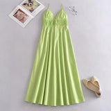 Eleatic Smocking Green Cotton V Neck Summer Women's Dress Sleevless Long Green Maxi Casual Strapy Dress Solid Female