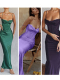 Bodycon Satin Maxi Dress Sexy Long Prom Evening Party Dresses With Glove Purple V Neck Spaghetti Strap Dresses For Women