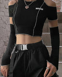 Romildi E-girl Style Patchwork Black T-shirts Gothic Open Shoulder Sleeve Y2k Crop Tops Ruffles Hem Hip Hop Techwear Women Tee