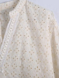 Embriodery Lace Cotton Blouse Shirt Women V Neck Vintage Hollow Out Tops Autumn Winter Casual Office Ladies Blouse Blusa