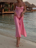 Romildi Pink Camis Long Dresses Women Satin Cut Out Sleeveless Slip Dress Female Backless Sexy Party Dresses Summer Slit Midi Dress