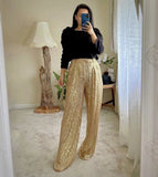 Autumn New Women's Pants Solid Color Button Fly High Waist Straight Wide Leg Sequined Trousers Female Tide