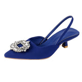 Blue Women Pumps Silk Satin Pointy Toe Rhinestone Crystal High Heels Shoes Slip On Women Wedding Pumps Slingback Sandal Baotou