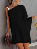 Fashion Design One Shoulder Sleeve Loose Mini Dress Women Office Casual A-Line Dress Sexy Diagonal Neck Cutout Solid Party Dress
