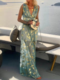 Fashion Lady  Summer Solid Maxi Dresses Women Patchwork Sleeveless Long Dress Sexy Deep V Neck Beach Party Dress Vestidos