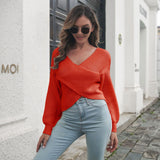 Autumn New Sweater Front Cross Navel Wrap Knit Sweater Female V Neck Pullover Sweater Blouses Office Lady Casual Temperament Top