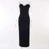 Elegant Strapless Long Party Dresses Women Sexy Sleeveless Backless Midi Dress Bodycon Feather Formal Evening Dress