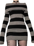 Romildi E-girl Striped Gothic Aesthetic Sexy Dresses Grunge Long Sleeve Knitted Skinny Dress For Women Off Shoulder Streetwear