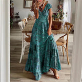 Fashion V-neck Short Sleeve Floral Print Maxi Dress Women  Summer Boho Casual Loose Beach Long Dresses For Women Robe Femme