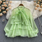 Romildi  spring fashion French Spring Summer New Style Ruffles Edge Gentle Sweet Style Long-sleeved Chic Fairy Blouse Top Women Blusas Mujer