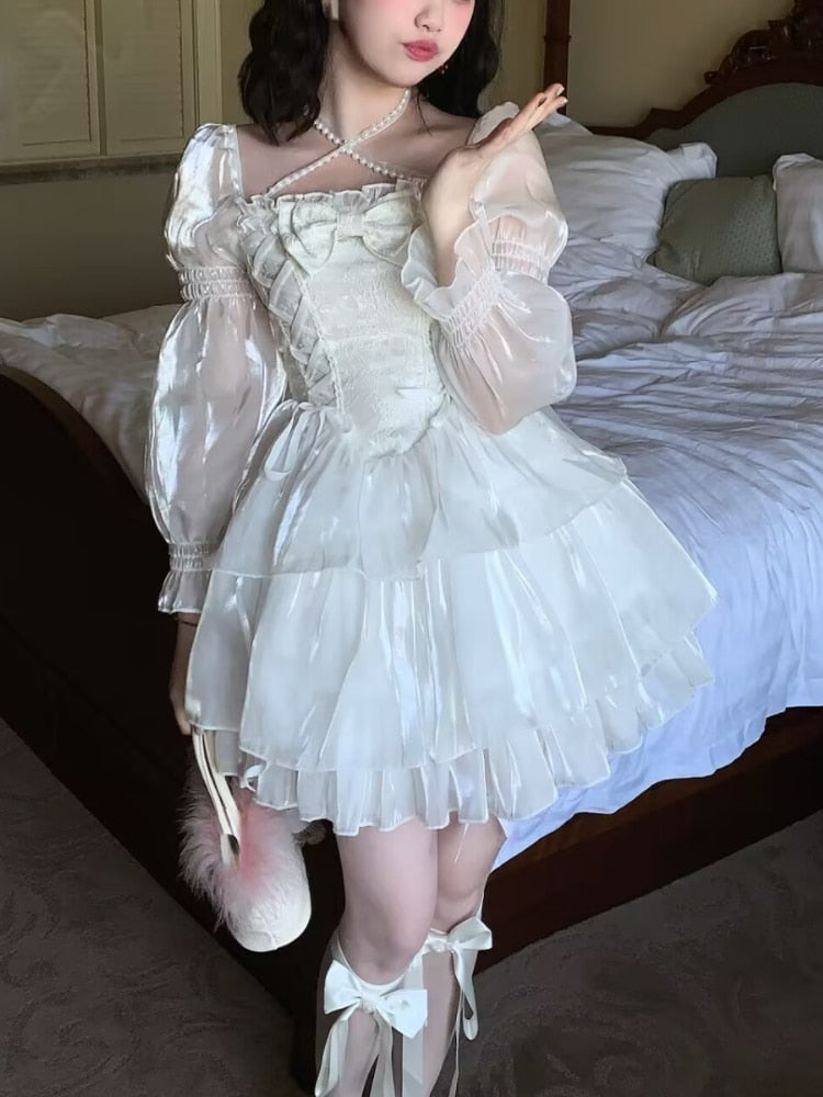 Summer Kawaii Clothing Lolita Mini Dress Women Casual Lace Short Party Dress Female Elegant Vintage One Piece Dress Korean