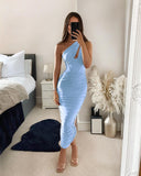 Avrilyaan One Shoulder Mesh Sexy Bodycon Dresses Women  White Pleated Mini Summer Dress Vestidos Elegant Club Party Dresses