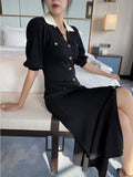 Elegant Puff Sleeve Knitted Sweater Dress Women Clothes New Lapel Single-breasted Ice Silk Fabric Knit Dress