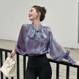 New Arrival Spring Summer Korean Style Women Loose Casual Bow Long Sleeve Blouse All-matched Vintage Mesh Shirts