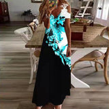 Romildi Summer Boho Long Dresses Women Sexy V Neck Hollow Out Short Sleeve Maxi Dresses Female Casual Floral Print Beach Dress Robe