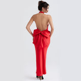 Maxi Back Big Bow Prom Evening Party Dresses Sexy Backless Bodycon Satin Dress Halter Elegant Dresses For Women