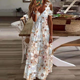 Romildi Summer Boho Long Dresses Women Sexy V Neck Hollow Out Short Sleeve Maxi Dresses Female Casual Floral Print Beach Dress Robe