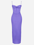 Bodycon Satin Maxi Dress Sexy Long Prom Evening Party Dresses With Glove Purple V Neck Spaghetti Strap Dresses For Women