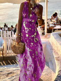 Fashion Lady  Summer Solid Maxi Dresses Women Patchwork Sleeveless Long Dress Sexy Deep V Neck Beach Party Dress Vestidos