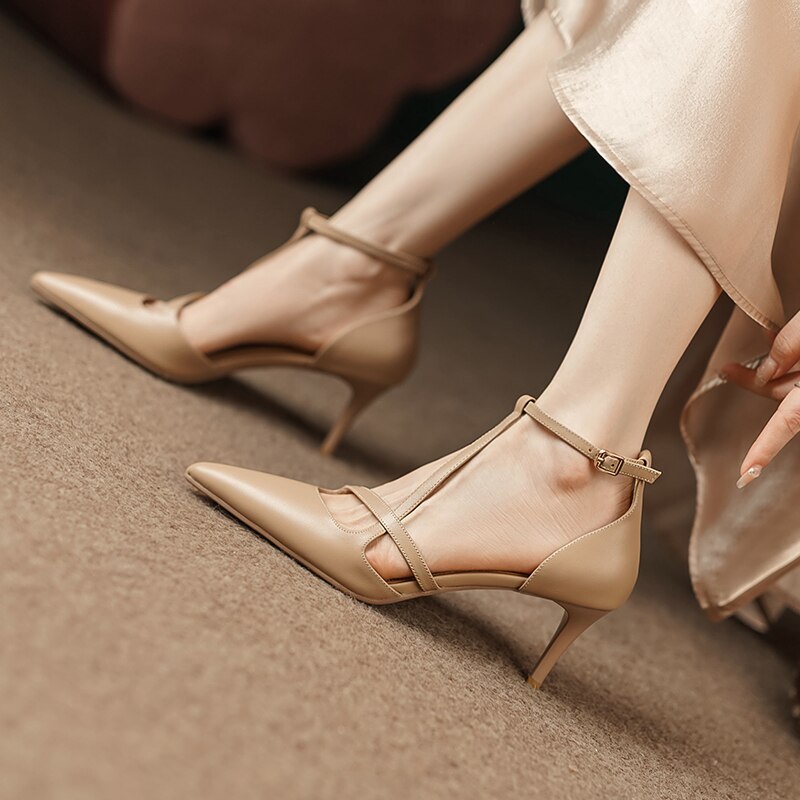 New Summer Women Shoes Pointed Toe Thin Heel Pumps for Women Elegant Cow Leather Shoes Sexy 6.5cm High Heels Elegant Shoes