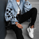 Plaid Print Zipper Denim Jacket  Summer New Ladies Loose Jean Jacket Hip Hop Trend Streetwear Ladies Tops Denim Jacket Coat