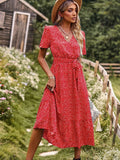 New Bohemia Floral Print Ruffles Summer Dress For Women Casual A-line V-neck Sashes Vintage Dress Women Party Dress