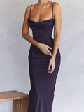 Bodycon Satin Maxi Dress Sexy Long Prom Evening Party Dresses With Glove Purple V Neck Spaghetti Strap Dresses For Women