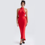 Maxi Back Big Bow Prom Evening Party Dresses Sexy Backless Bodycon Satin Dress Halter Elegant Dresses For Women